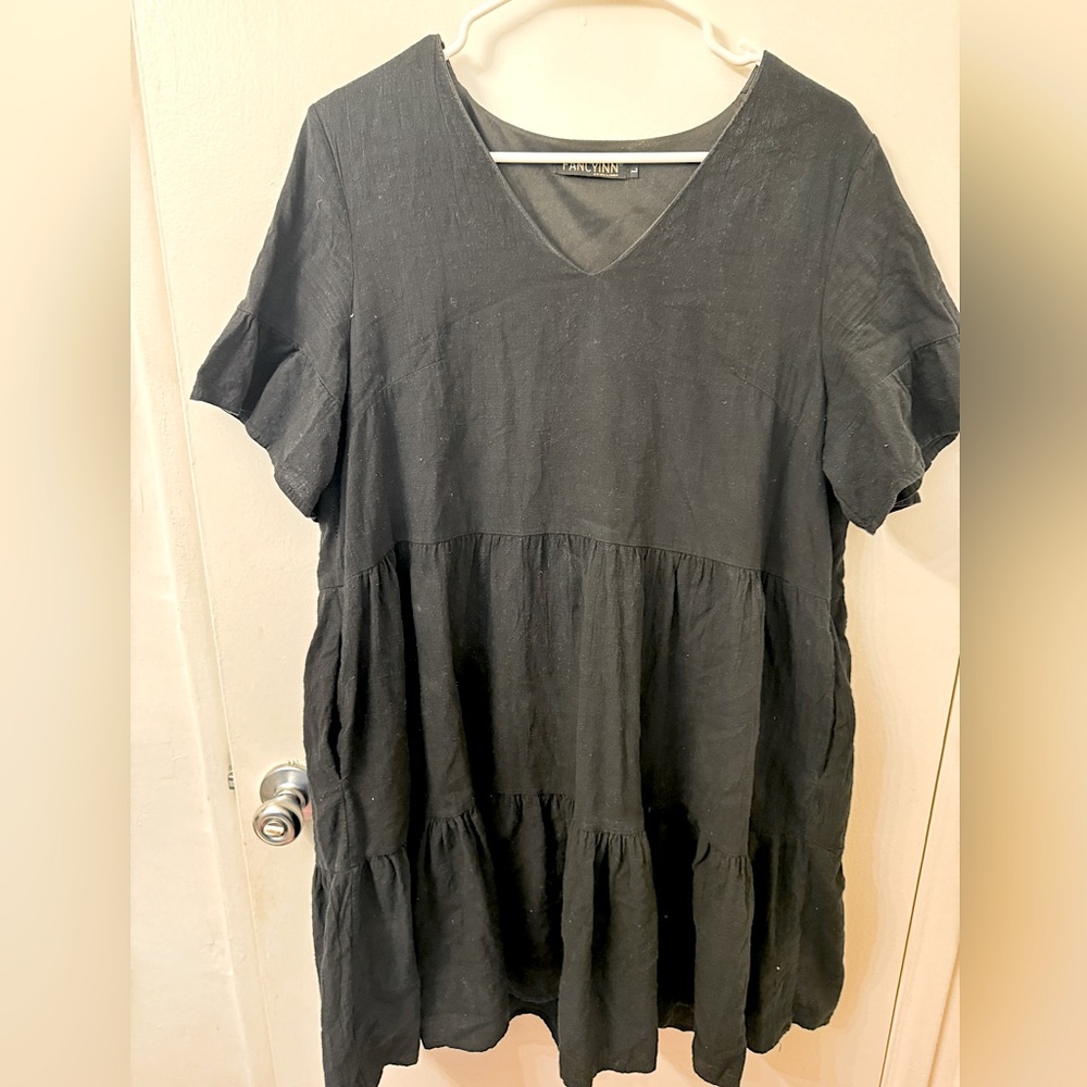 Fancyinn Black Babydoll Ruffle Mini Dress with Pockets Size Large Boho V Neck